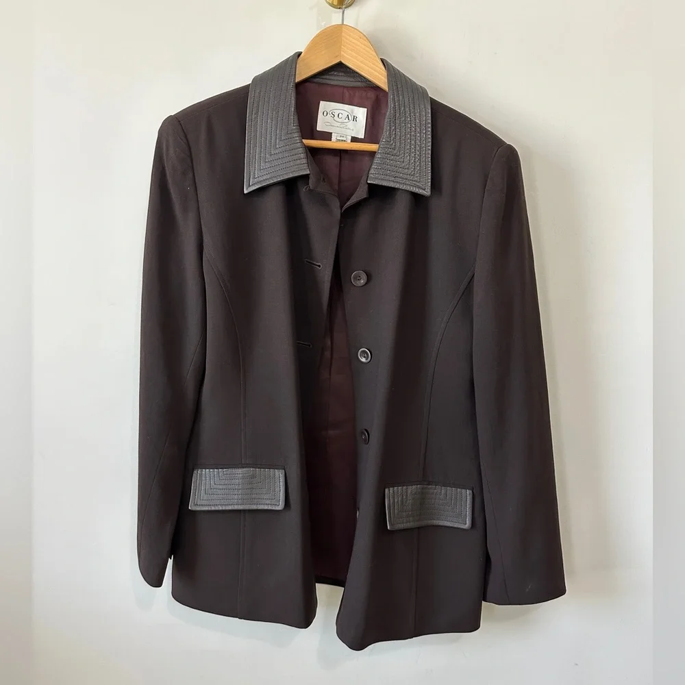 Vintage Brown Wool & Leather Contrast Blazer Jacket By Oscar De La Renta Size 14 - Picture 4 of 14